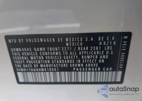 2017 Volkswagen Golf Alltrack Tsi S/Tsi Se/Tsi Sel from USA, damaged, VIN 3VWH17AUXHM510551